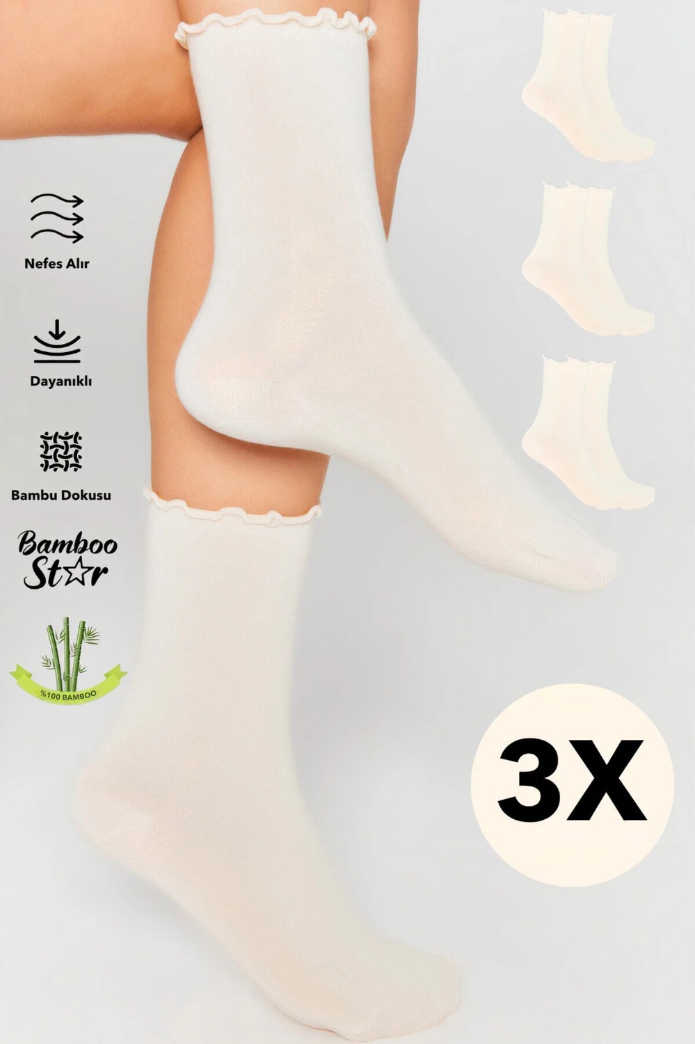 Bamboo Star Bambu Kadın Fırfırlı Lastiksiz Dikişsiz Kadın Soket 3lü Asorti Çorap/iz Bırakmaz Sıkmayan Çorap