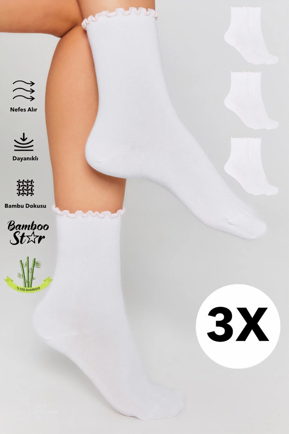 Bamboo Star Bambu Kadın Fırfırlı Lastiksiz Dikişsiz Kadın Soket 3lü Asorti Çorap/iz Bırakmaz Sıkmayan Çorap