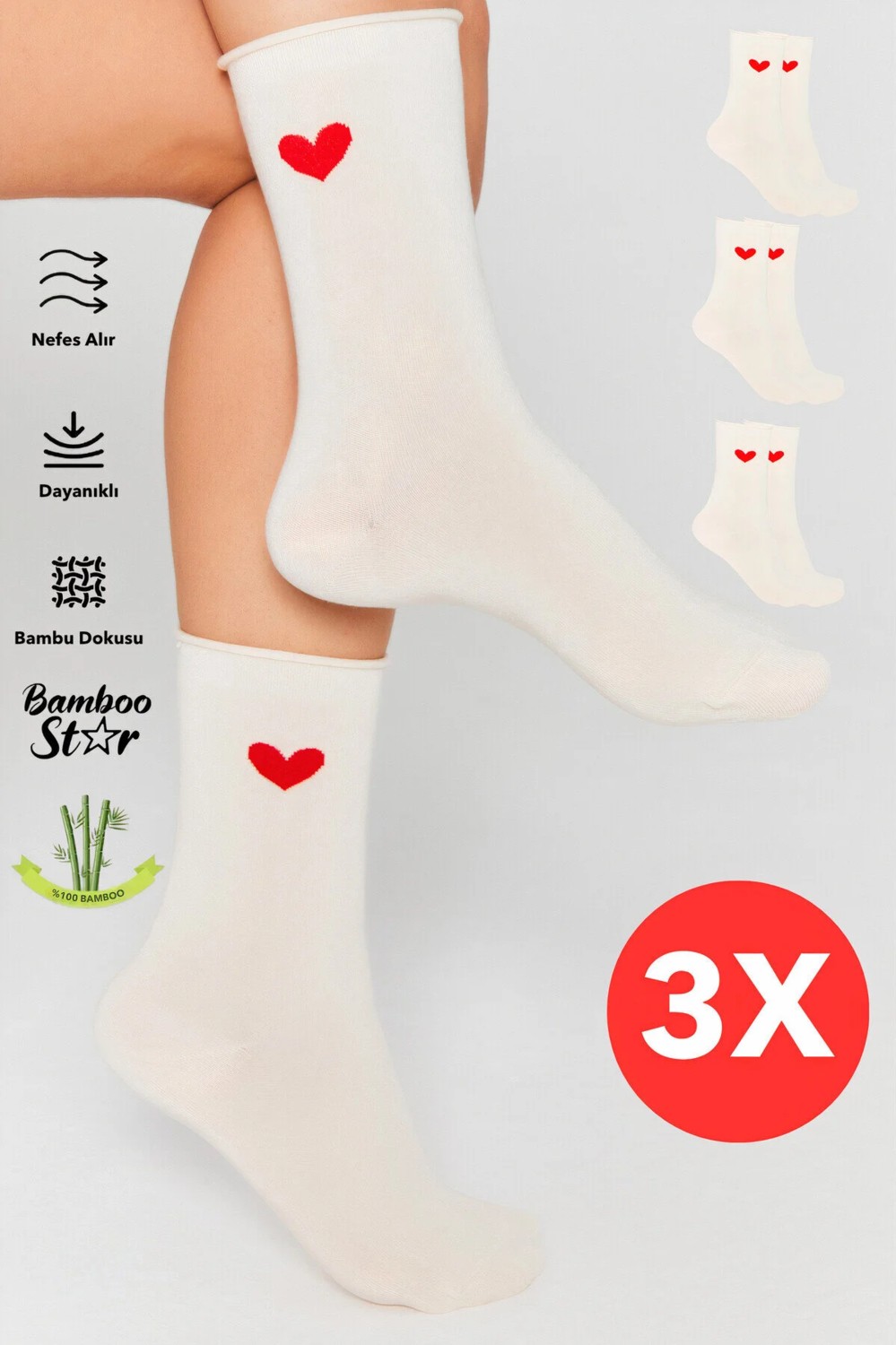 Bamboo Star Bambu Kadın Lastiksiz Beyaz Soket Dikişsiz Premium Çorap 3'lü Paket / Sıkmayan Çorap / Iz Bırakmaz