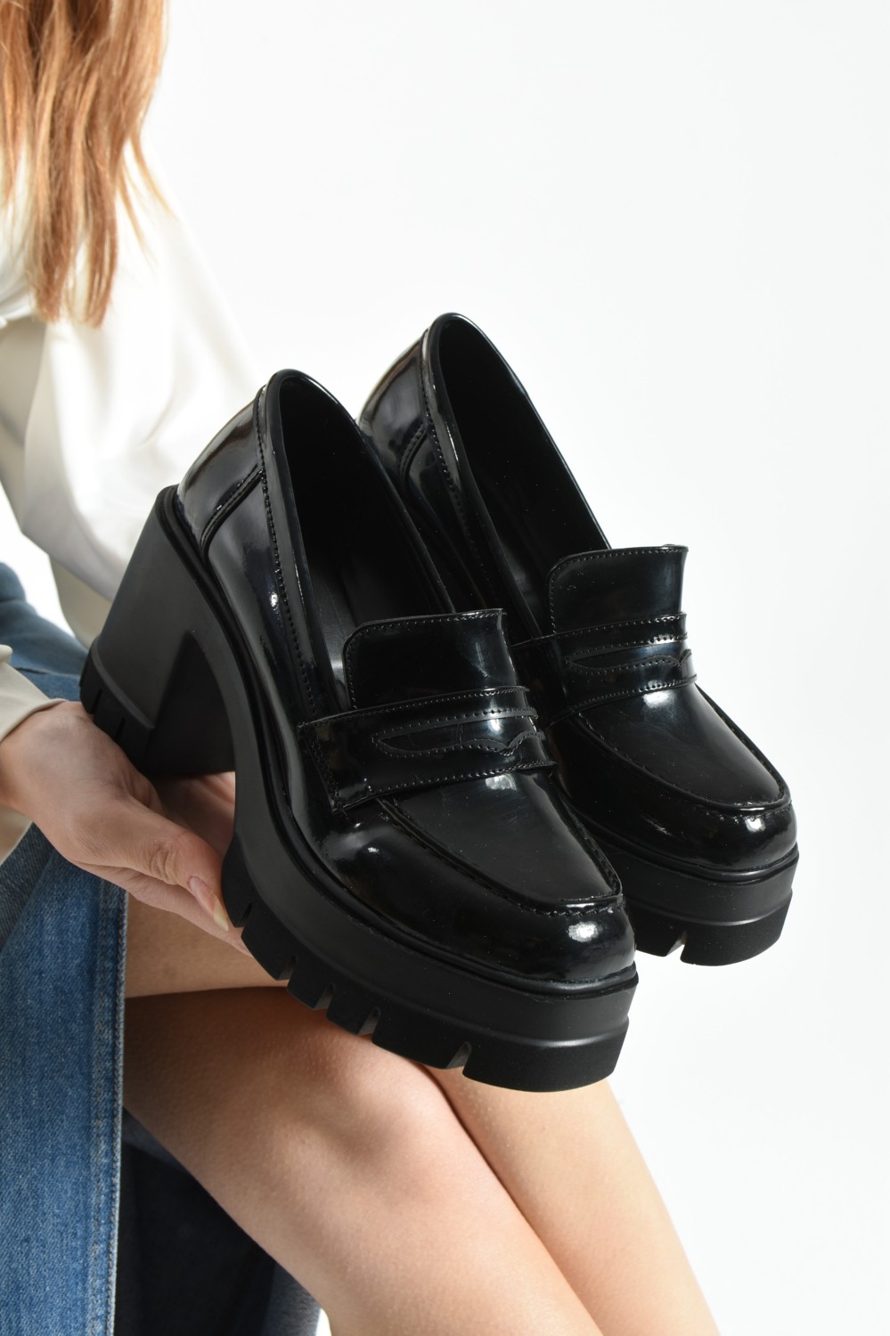 Dabab Shoes Loftia Kadın Siyah Cilt Chunky Yüksek Taban 9 cm Kalın Topuklu Loafer Ayakkabı görsel 5