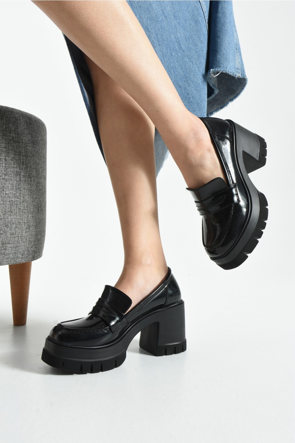 Dabab Shoes Loftia Kadın Siyah Cilt Chunky Yüksek Taban 9 cm Kalın Topuklu Loafer Ayakkabı görsel 6