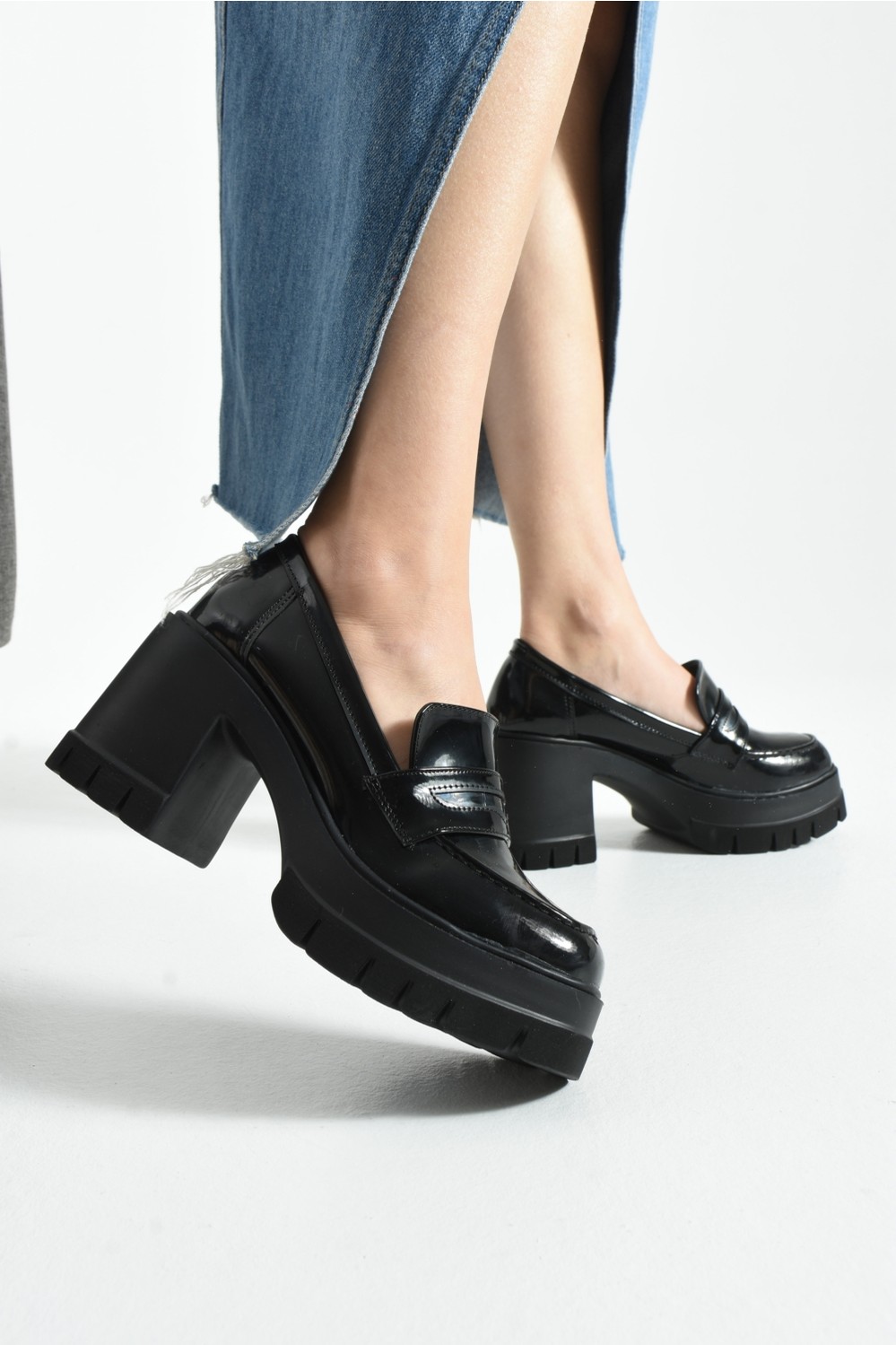 Dabab Shoes Loftia Kadın Siyah Cilt Chunky Yüksek Taban 9 cm Kalın Topuklu Loafer Ayakkabı görsel 7