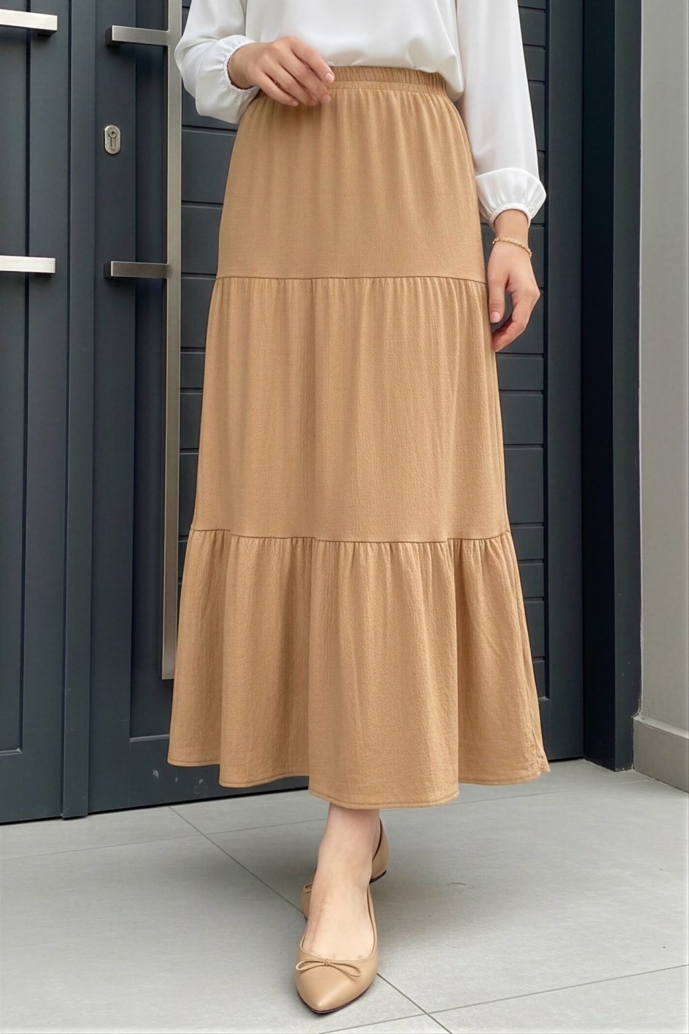 İmaj Butik Siyah Eteği Katlı Bel Lastikli Bürümcük Etek görsel 3