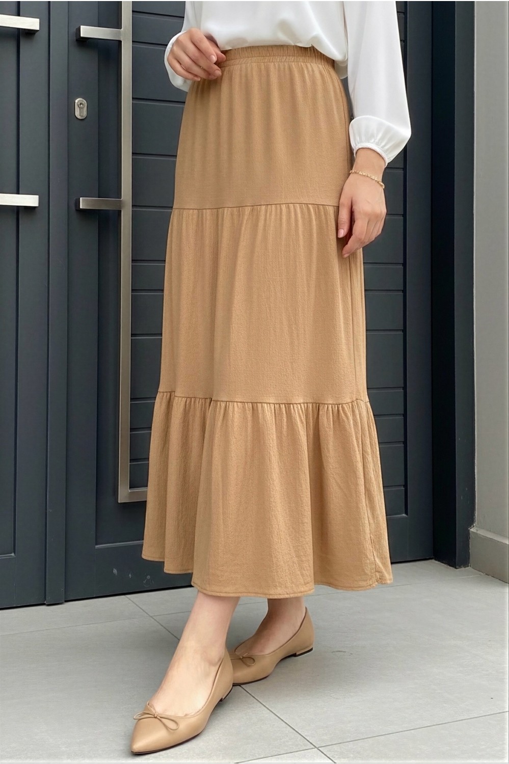 İmaj Butik Siyah Eteği Katlı Bel Lastikli Bürümcük Etek görsel 4
