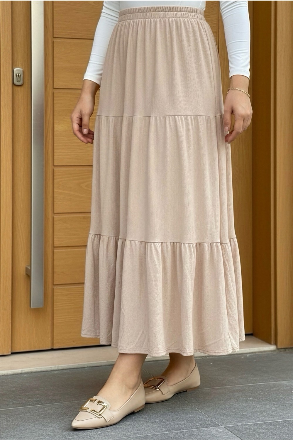 İmaj Butik Siyah Eteği Katlı Bel Lastikli Bürümcük Etek görsel 8