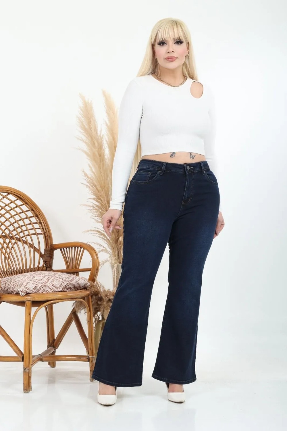 E Collection Ispanyol Paça Likralı Büyük Beden Jeans Pantolon