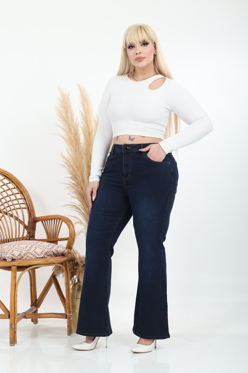 E Collection Ispanyol Paça Likralı Büyük Beden Jeans Pantolon görsel 2