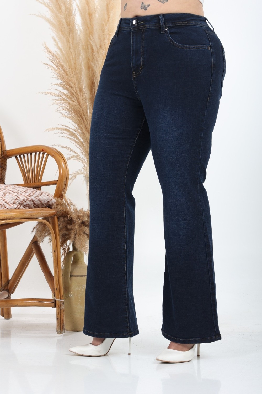 E Collection Ispanyol Paça Likralı Büyük Beden Jeans Pantolon görsel 5