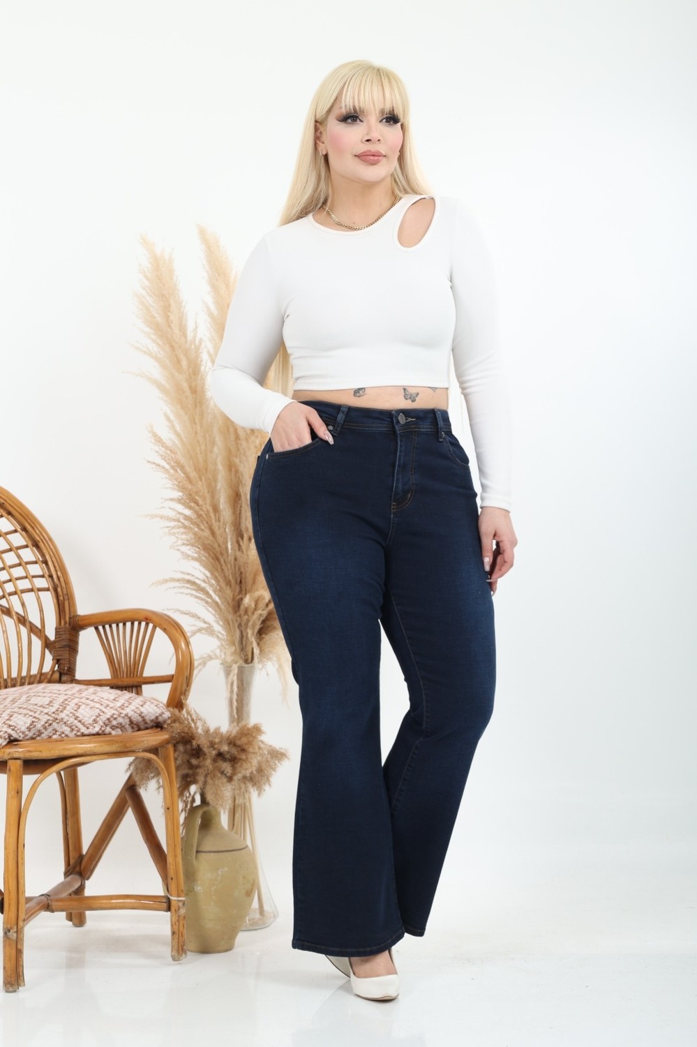 E Collection Ispanyol Paça Likralı Büyük Beden Jeans Pantolon görsel 6
