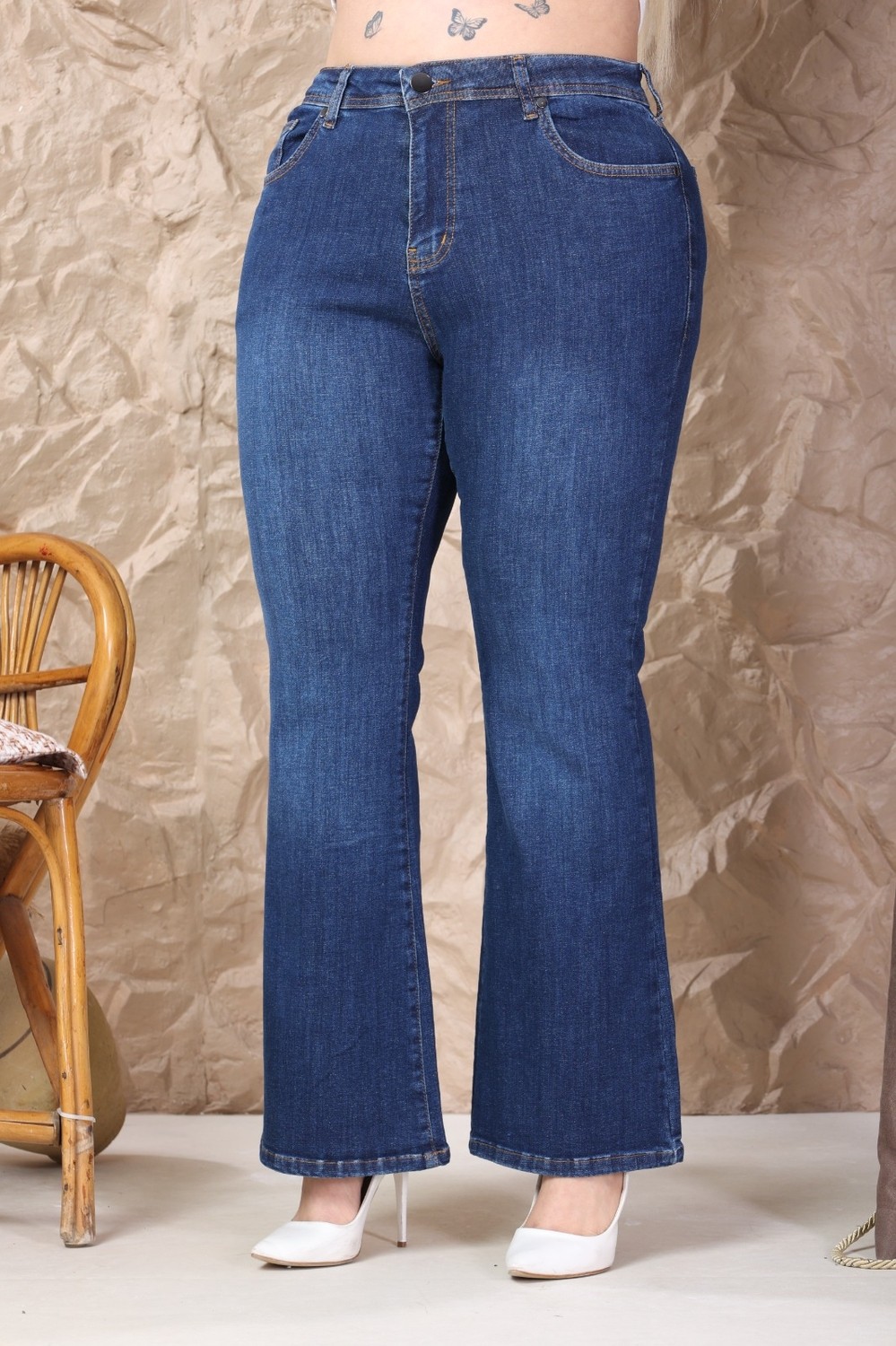 E Collection Ispanyol Paça Likralı Büyük Beden Jeans Pantolon
