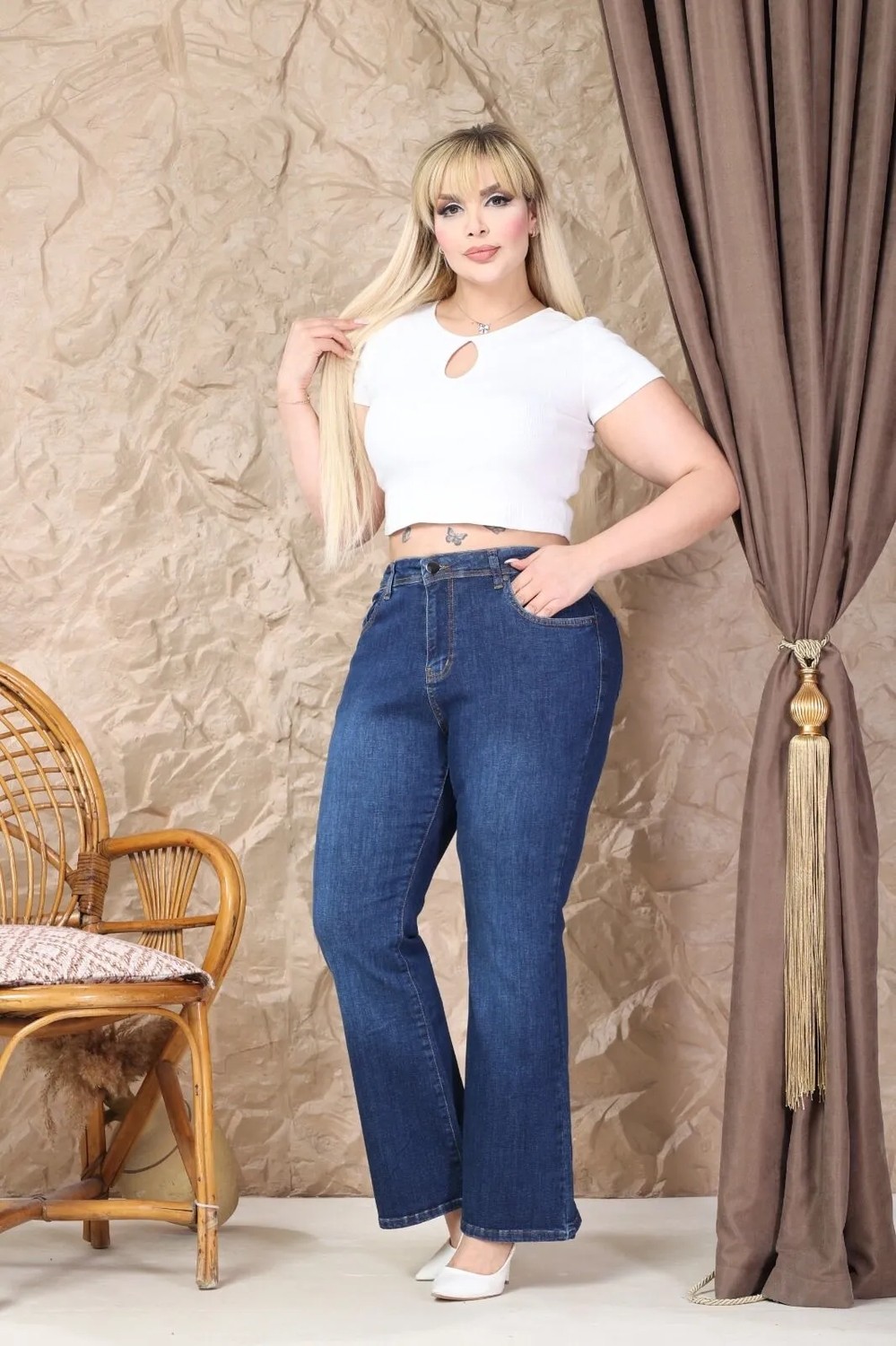 E Collection Ispanyol Paça Likralı Büyük Beden Jeans Pantolon görsel 4
