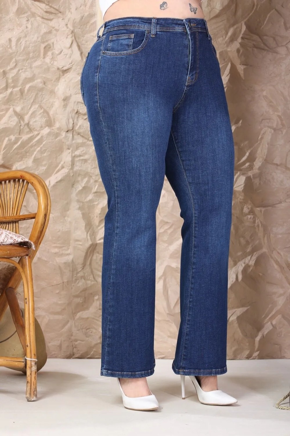 E Collection Ispanyol Paça Likralı Büyük Beden Jeans Pantolon görsel 5