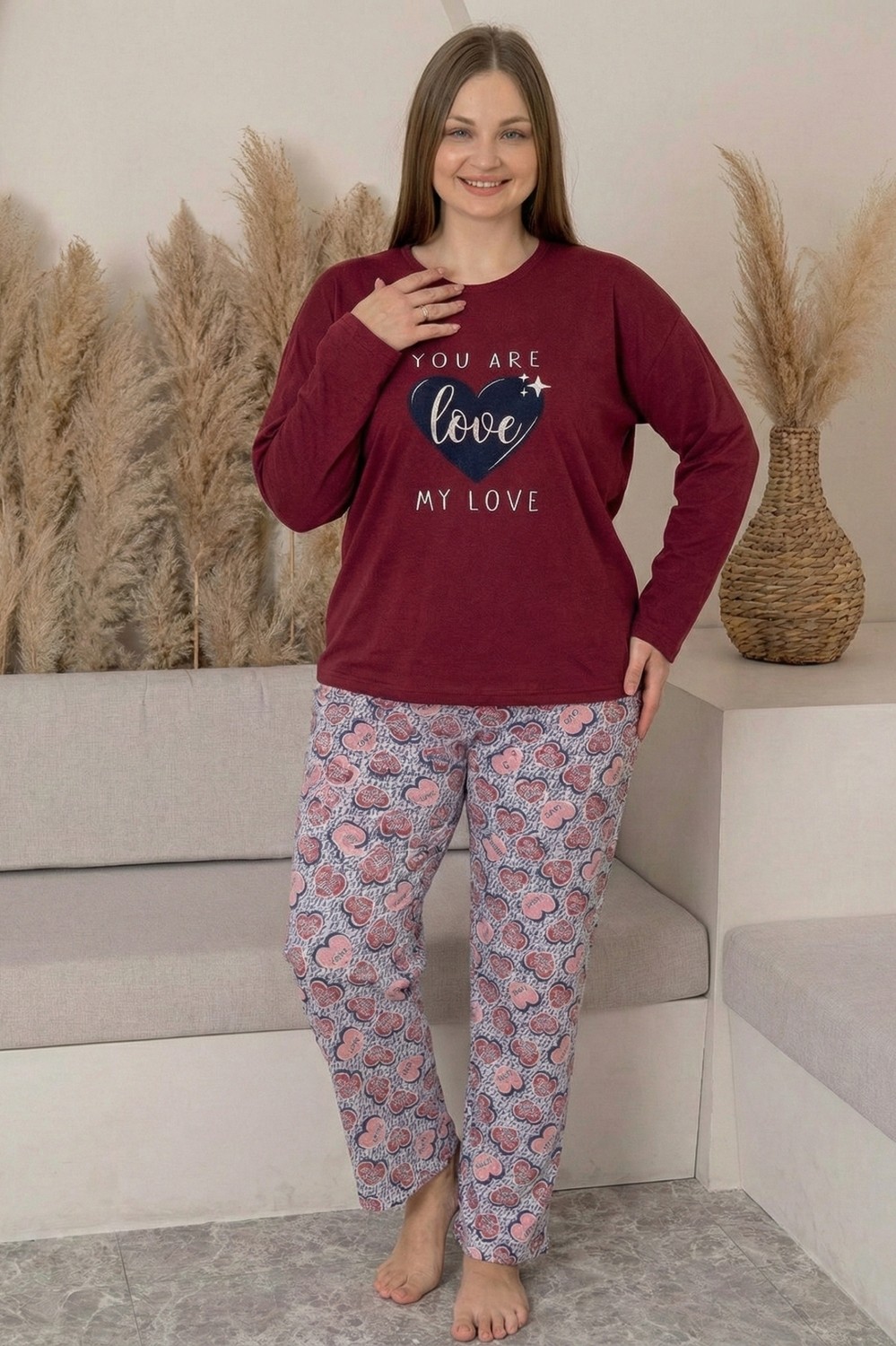 Farya Home Büyük Beden Pamuklu Desenli Uzun Kollu Pijama Takımı görsel 2