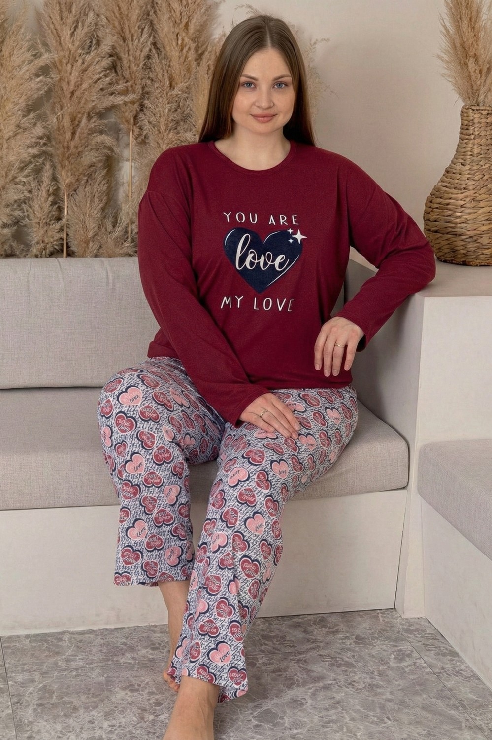 Farya Home Büyük Beden Pamuklu Desenli Uzun Kollu Pijama Takımı görsel 4