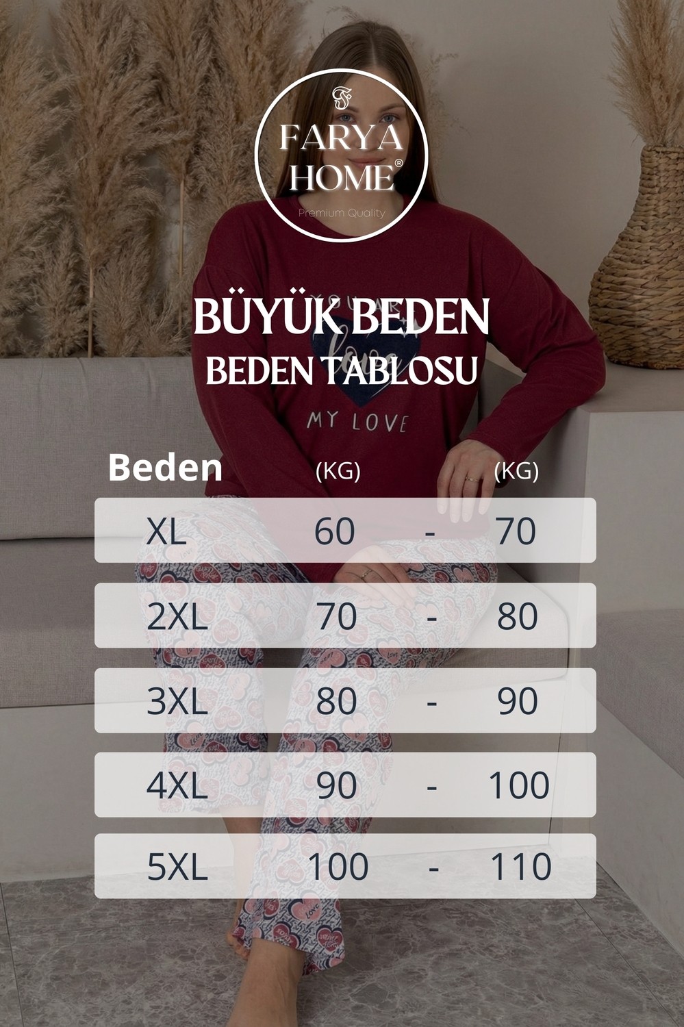 Farya Home Büyük Beden Pamuklu Desenli Uzun Kollu Pijama Takımı görsel 5