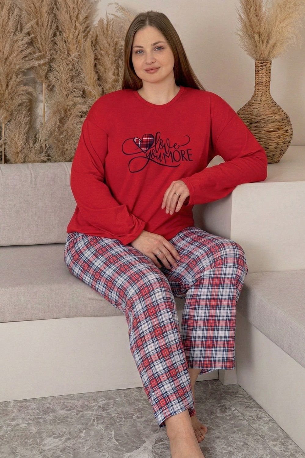 Farya Home Büyük Beden Pamuklu Desenli Uzun Kollu Pijama Takımı