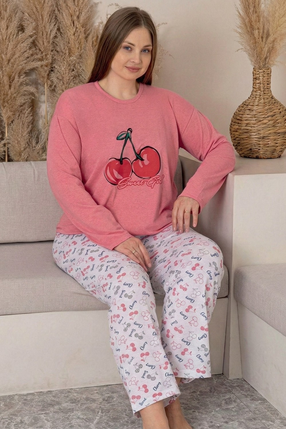 Farya Home Büyük Beden Pamuklu Desenli Uzun Kollu Pijama Takımı