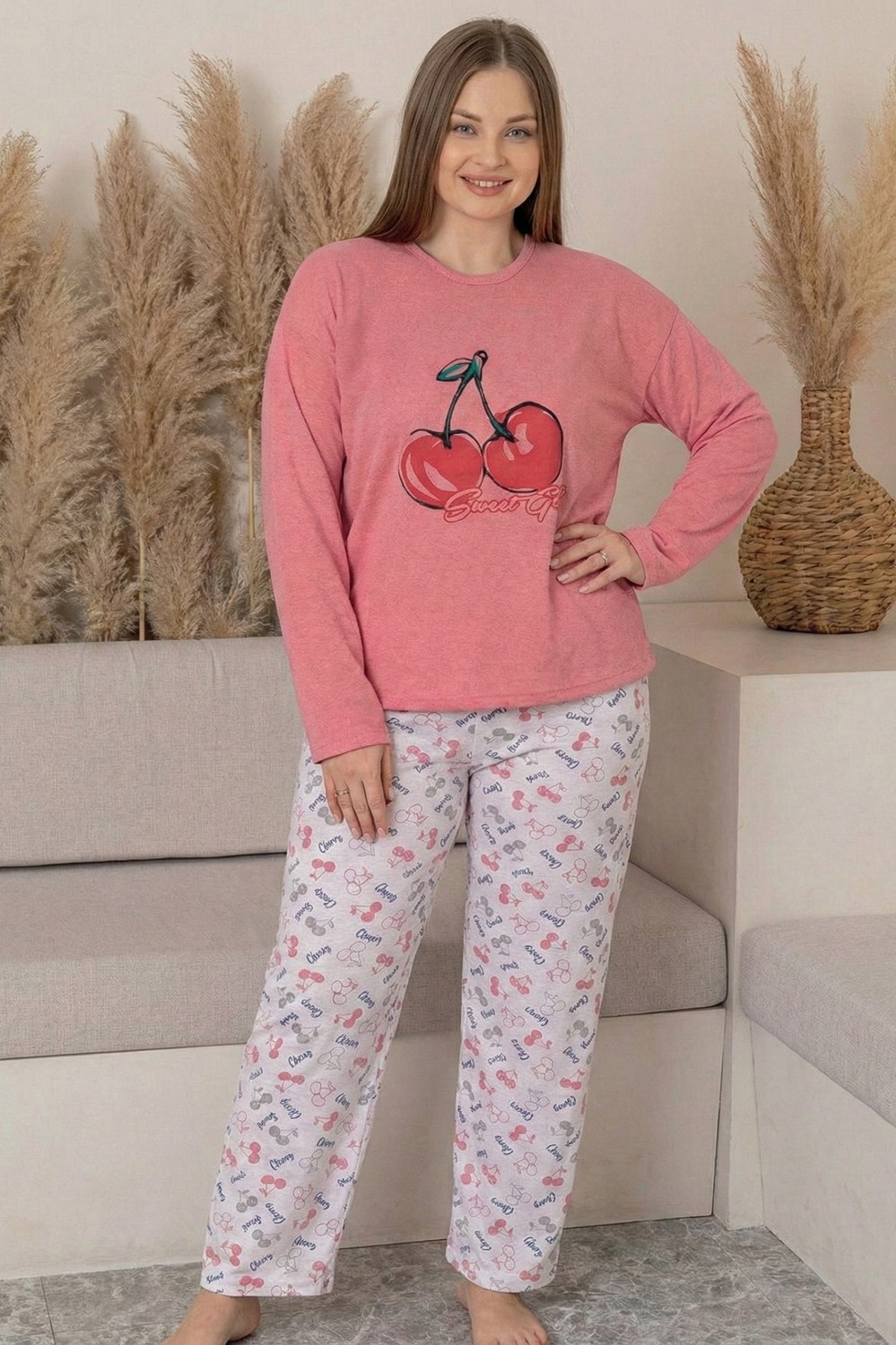 Farya Home Büyük Beden Pamuklu Desenli Uzun Kollu Pijama Takımı görsel 7