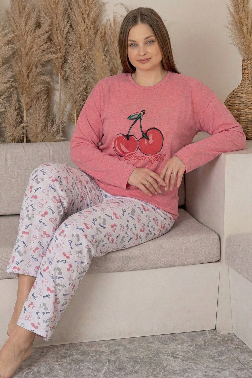 Farya Home Büyük Beden Pamuklu Desenli Uzun Kollu Pijama Takımı görsel 8