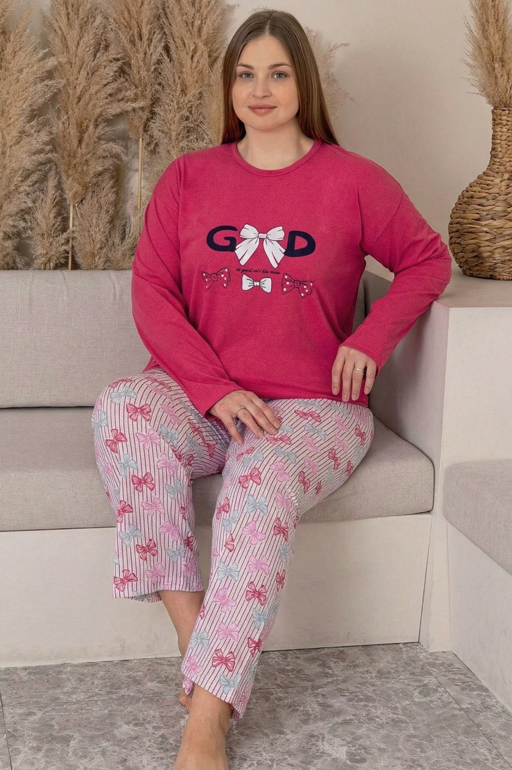 Farya Home Büyük Beden Pamuklu Desenli Uzun Kollu Pijama Takımı
