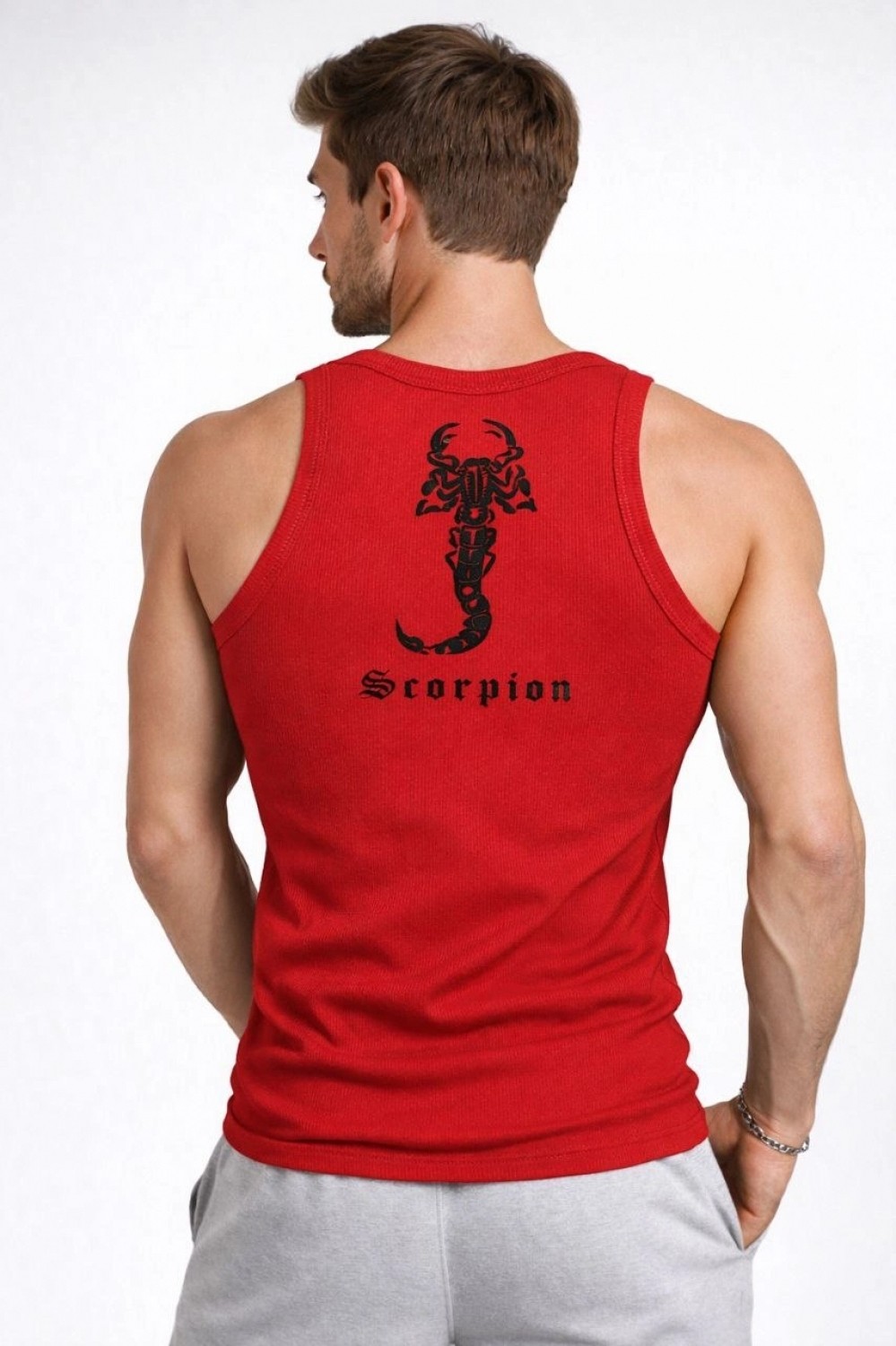 Marsilyan Erkek Spor Fitilli Atlet 3'lü Set Beyaz, Kırmızı ve Kahverengi Slim Fit Kaşkorse Arka Baskılı Spor Atlet görsel 3