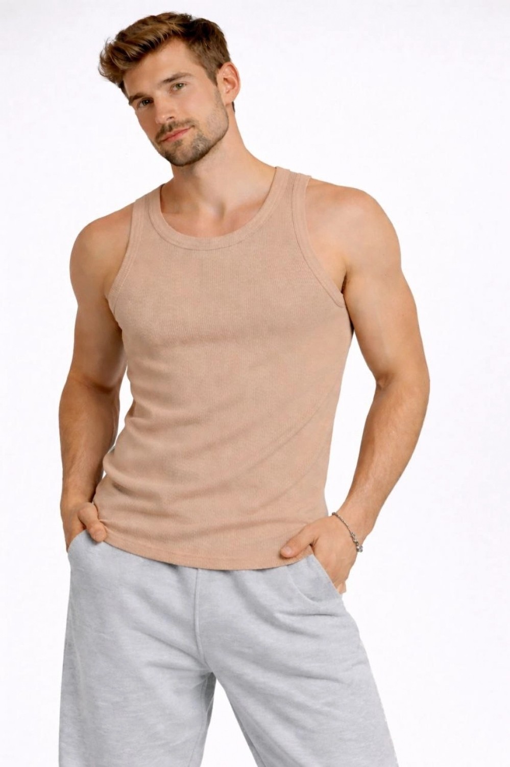 Marsilyan Erkek Spor Fitilli Atlet 3'lü Set Beyaz, Kırmızı ve Kahverengi Slim Fit Kaşkorse Arka Baskılı Spor Atlet görsel 5