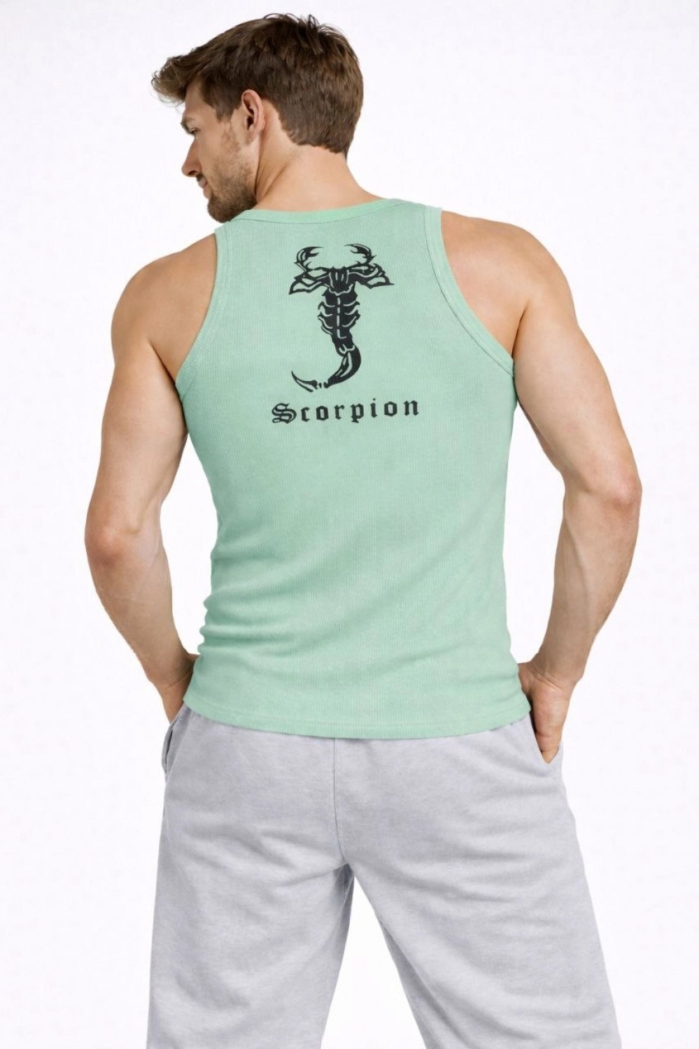Marsilyan Erkek Spor Fitilli Atlet 3'lü Set Mint Yeşili, Pembe ve Bebek Mavisi Slim Fit Kaşkorse Arka Baskılı Spor Atlet görsel 3