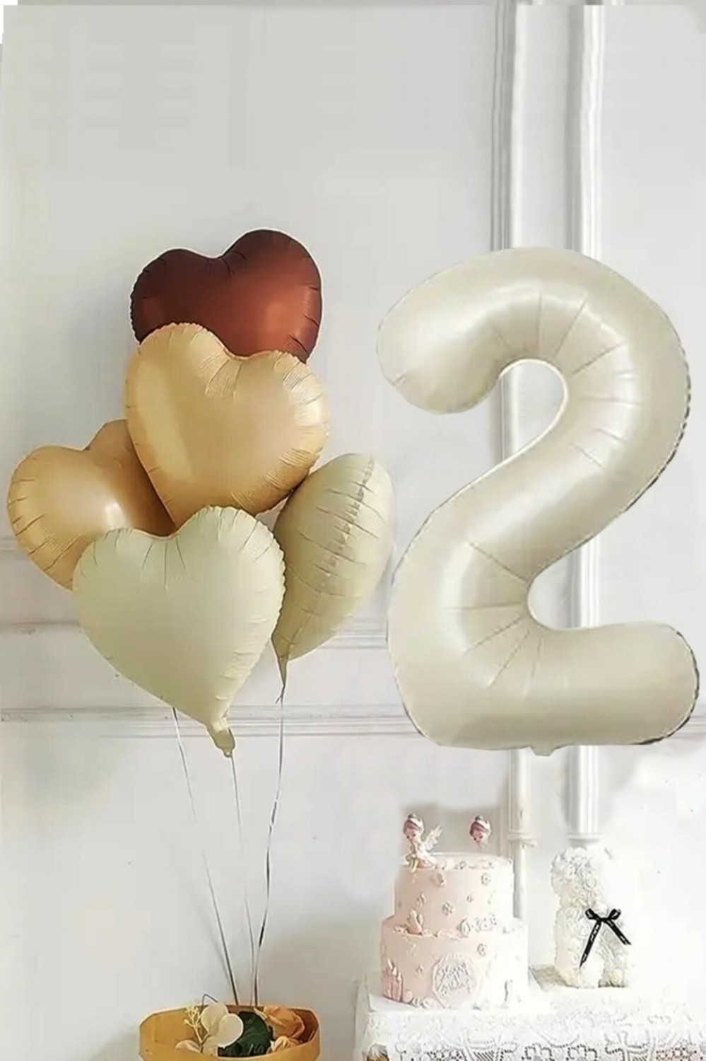 Feyza Design Krem Renkli 2 Yaş Doğum Günü Balon Seti - 5 Adet Kalp Balon