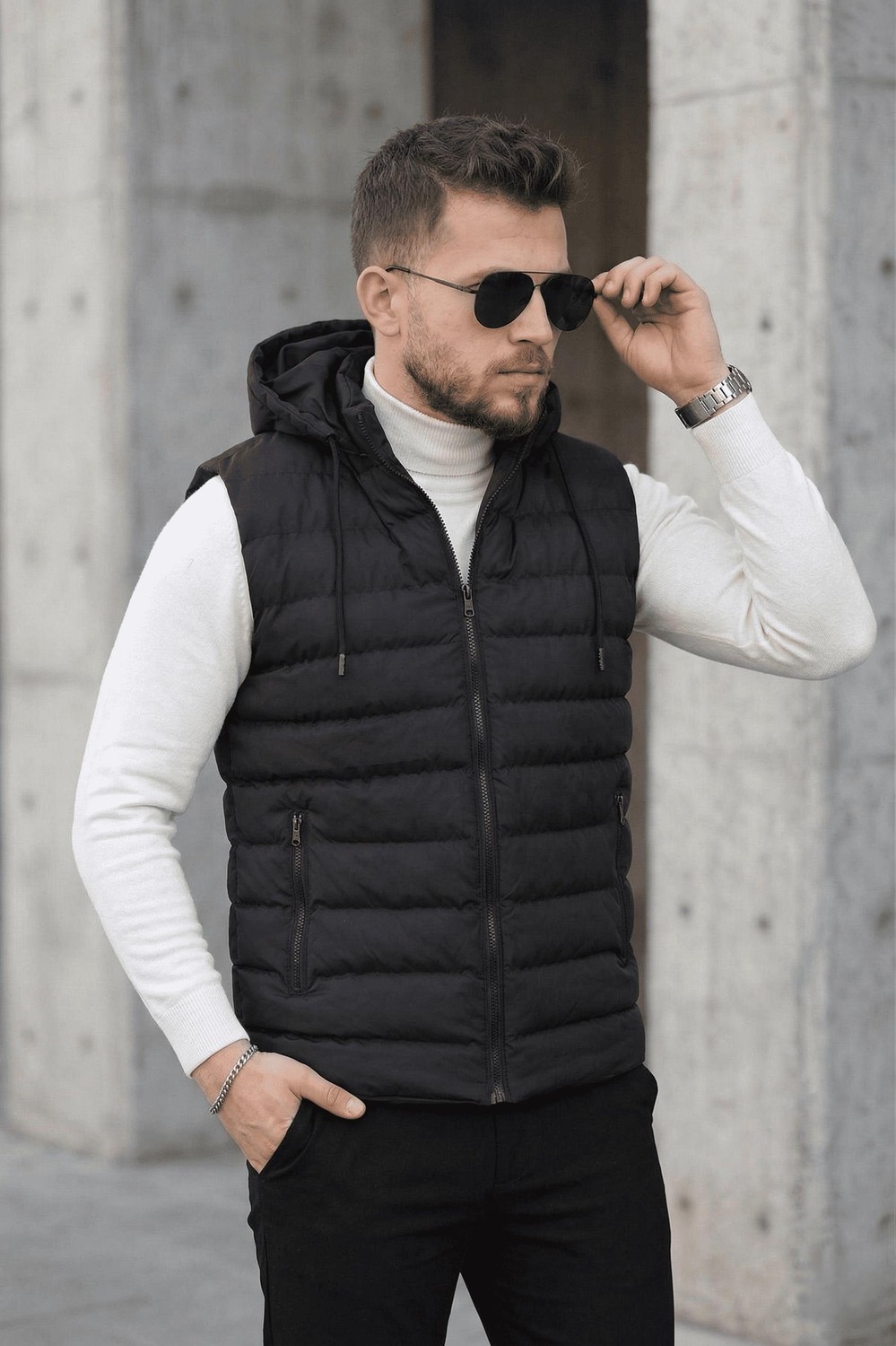 Oksit Yelly Slim Fit Fermuarlı Cep Detaylı Erkek Şişme Yelek - Çıkarılabilir Kapüşonlu & Astarlı görsel 5