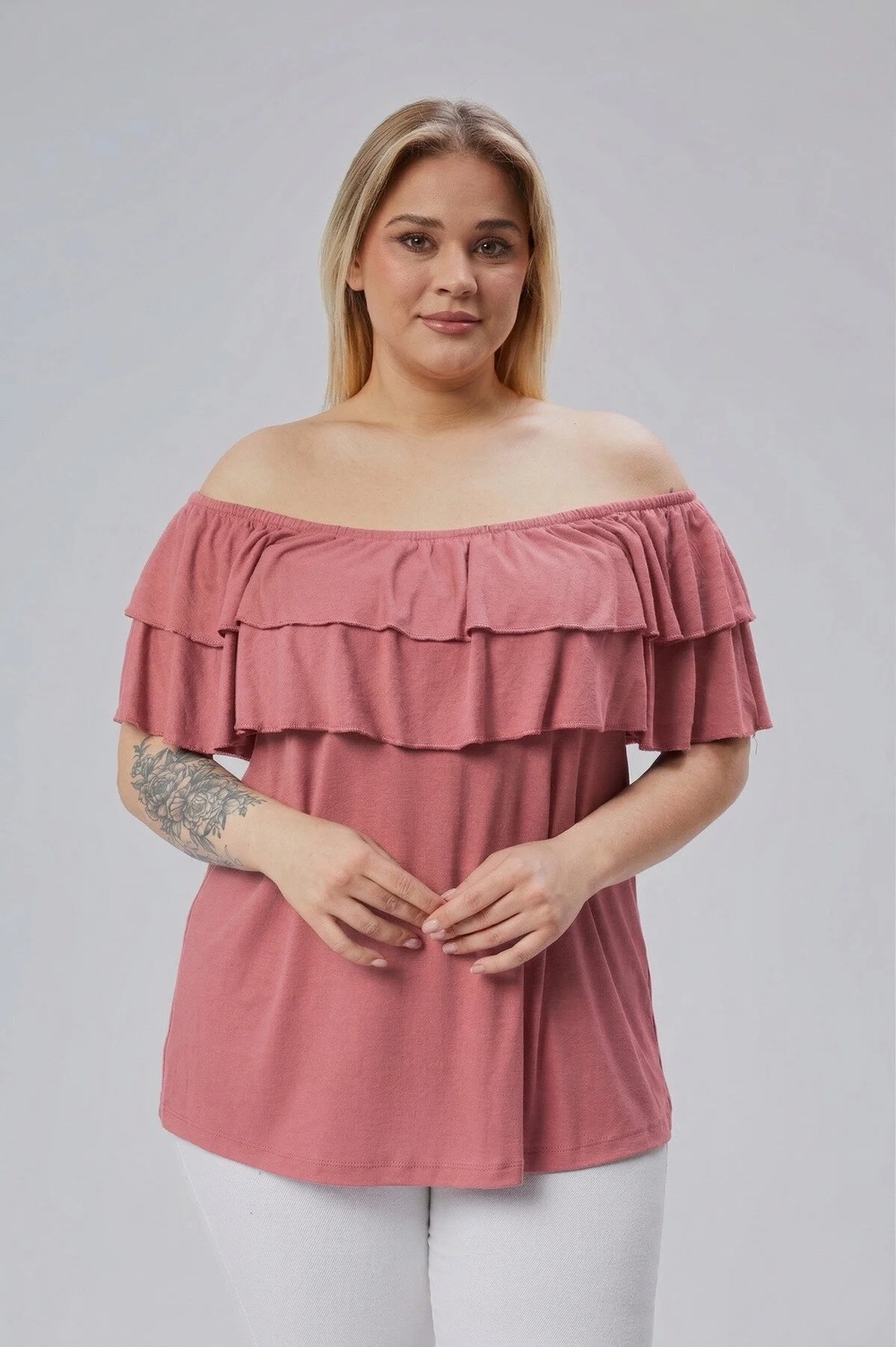Curvy Trend Büyük Beden Madonna Yaka Viskon Bluz