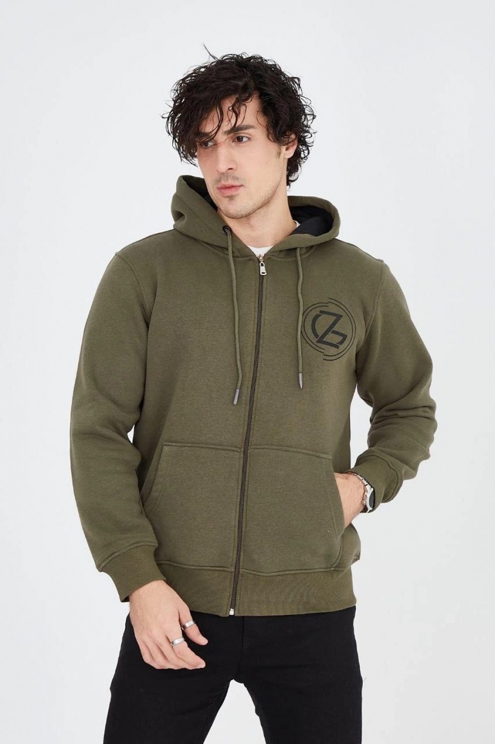 Marsilyan Erkek 3 Iplik Pamuklu Fermuarlı Kapüşonlu Kanguru Cepli Baskılı Hoodie Hırka Sweatshirt - Yeşil görsel 4