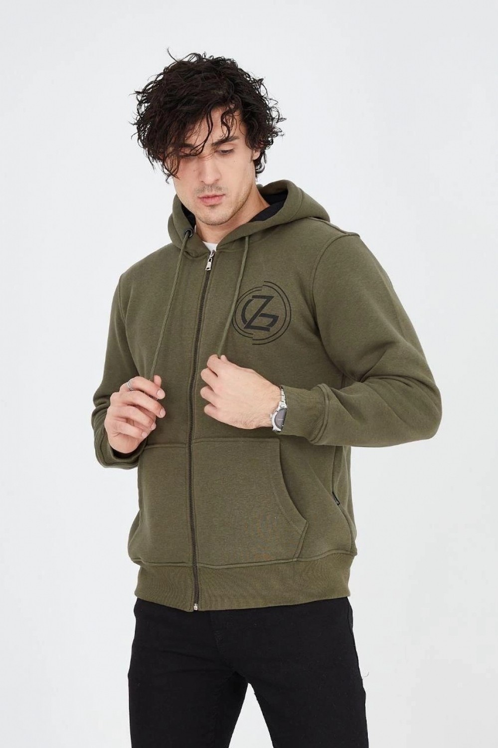 Marsilyan Erkek 3 Iplik Pamuklu Fermuarlı Kapüşonlu Kanguru Cepli Baskılı Hoodie Hırka Sweatshirt - Yeşil görsel 5