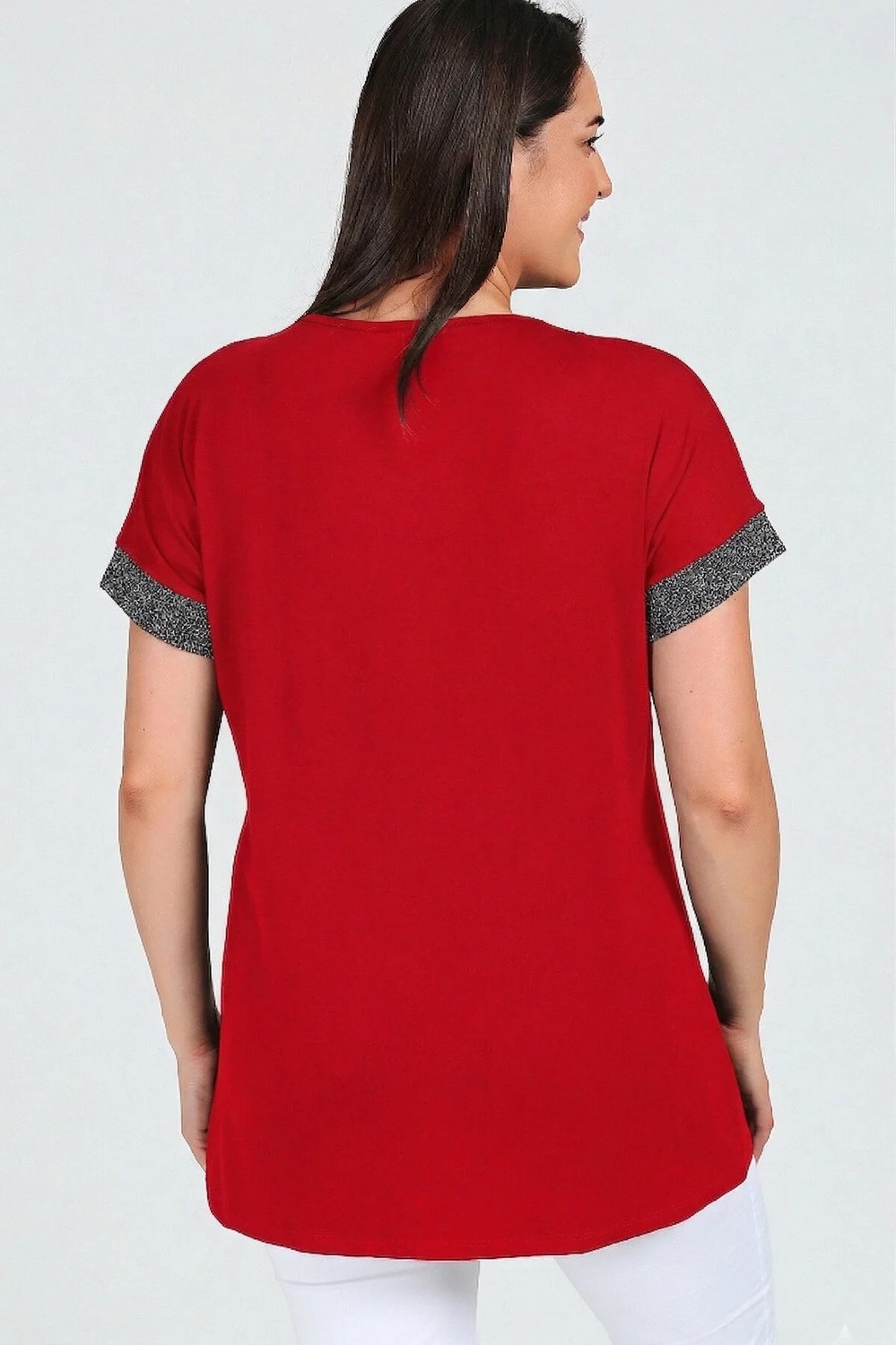 Curvy Trend Büyük Beden Yaka Simli Kısa Kol Bluz görsel 2