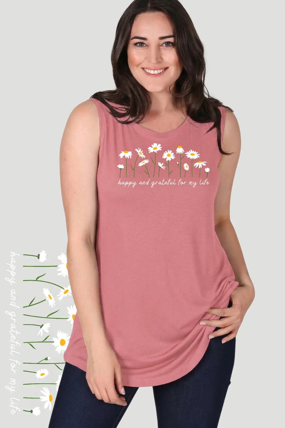 Curvy Trend Büyük Beden Daisies Baskılı Kolsuz Viskon Basic Bluz