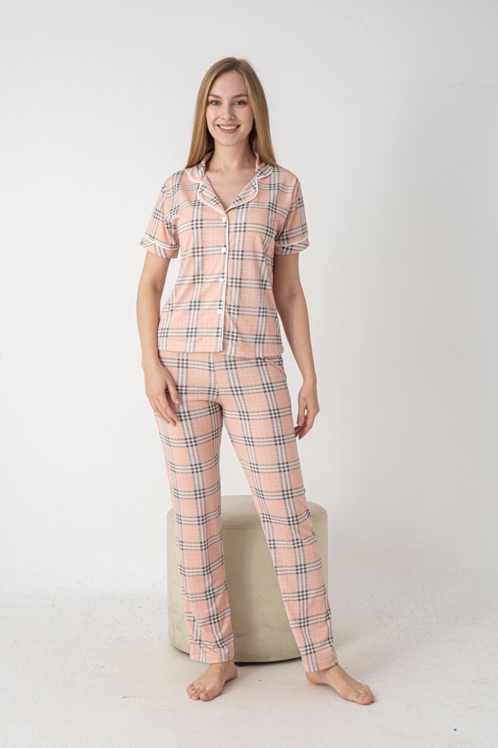 Flz Kadın Ekose Pijama Takımı, Boydan Düğmeli Rahat Ev Giyim Takımı | Flz 88-133