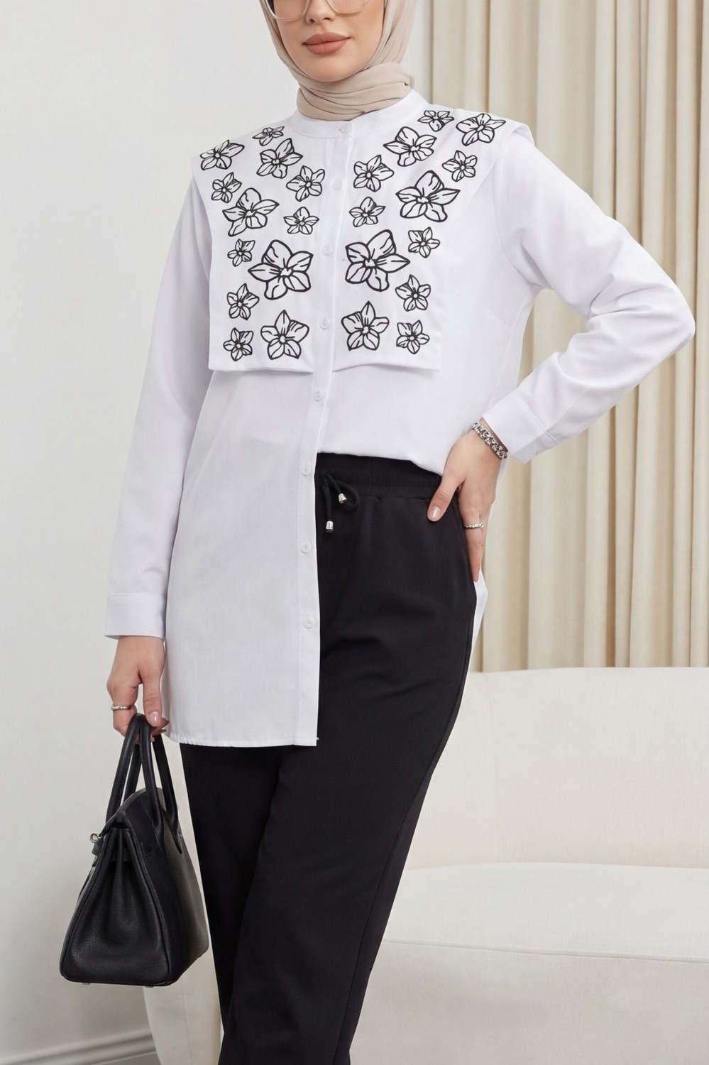 Moda Morfo Plastron Detaylı Nakışlı Poplin Gömlek -Beyaz
