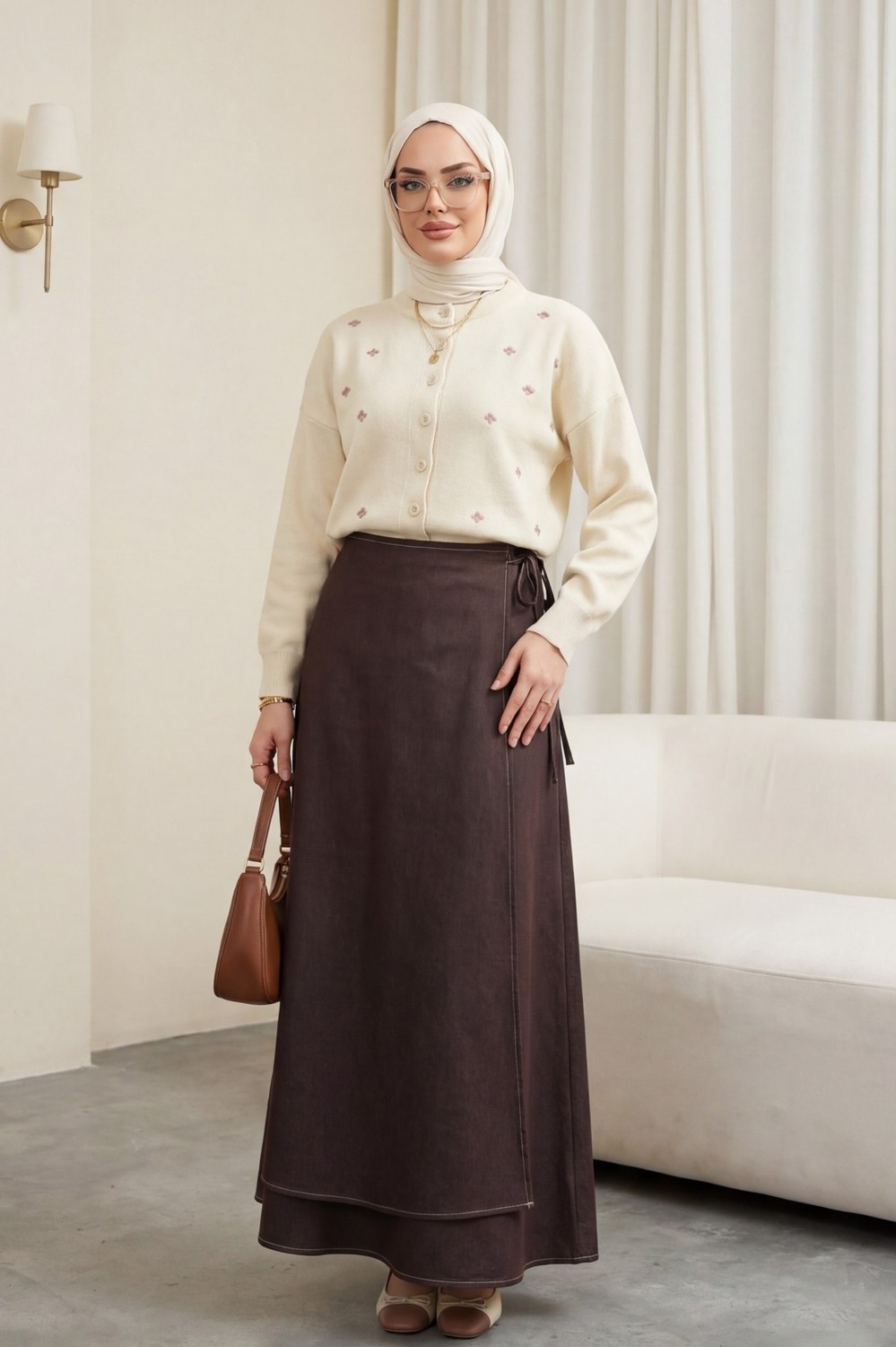 Moda Morfo Serpme Çiçek Nakışlı Düğmeli Oversize Triko Hırka -Krem görsel 2