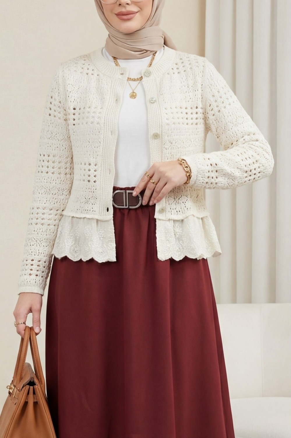 Moda Morfo Eteği Fırfırlı Ajurlu Düğmeli Hırka -Ekru görsel 2