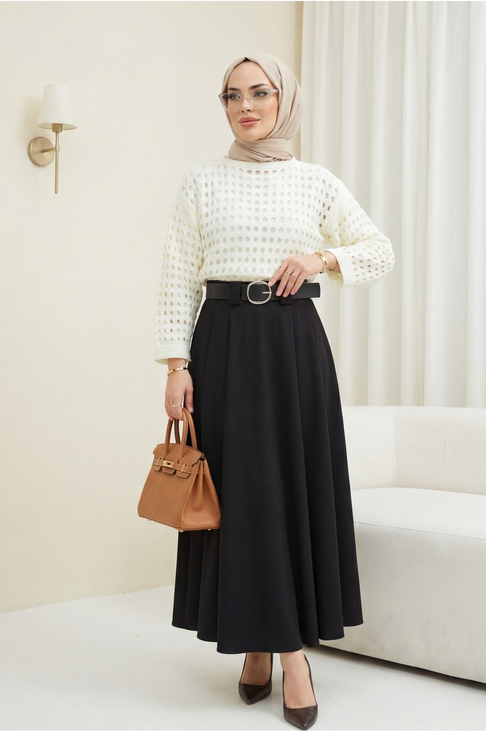 Moda Morfo Kayık Yaka Ajurlu Triko Kazak -Bordo görsel 2