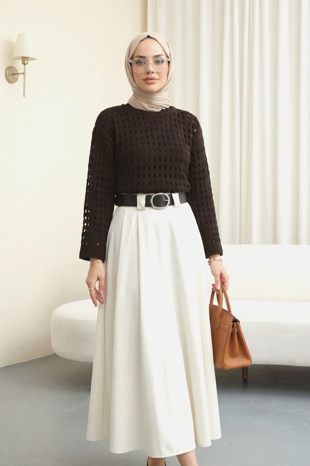 Moda Morfo Kayık Yaka Ajurlu Triko Kazak -Bordo