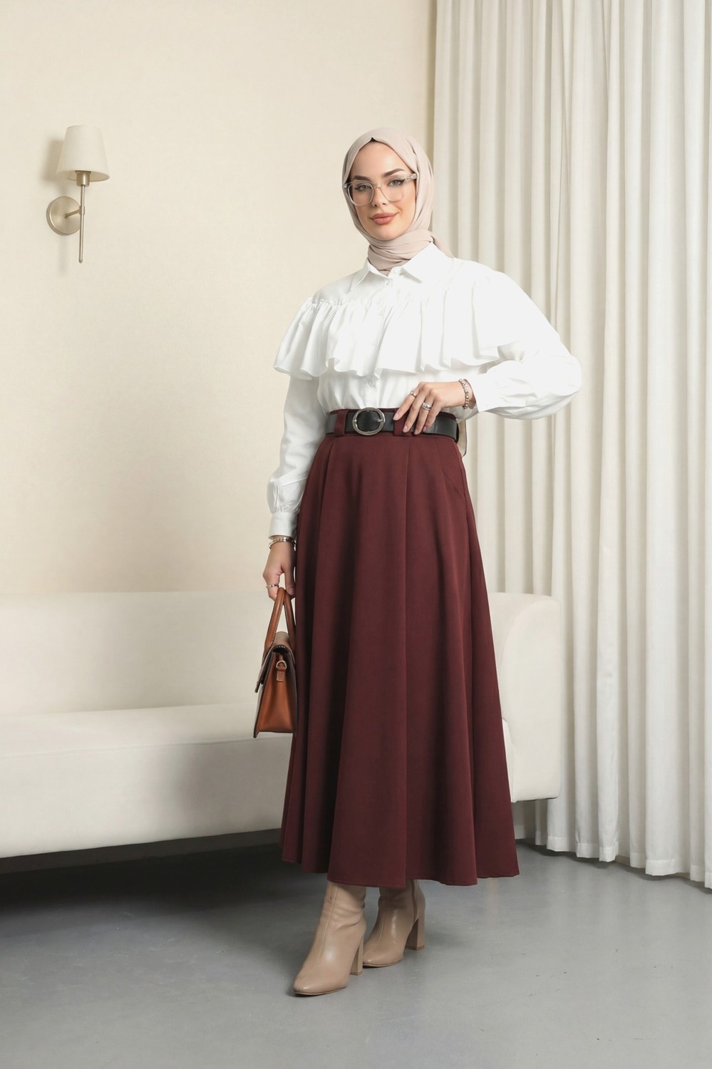 Moda Morfo Kalın Kemerli Önü Pileli Yan Cepli Fermuarlı Tivil Etek -Bordo