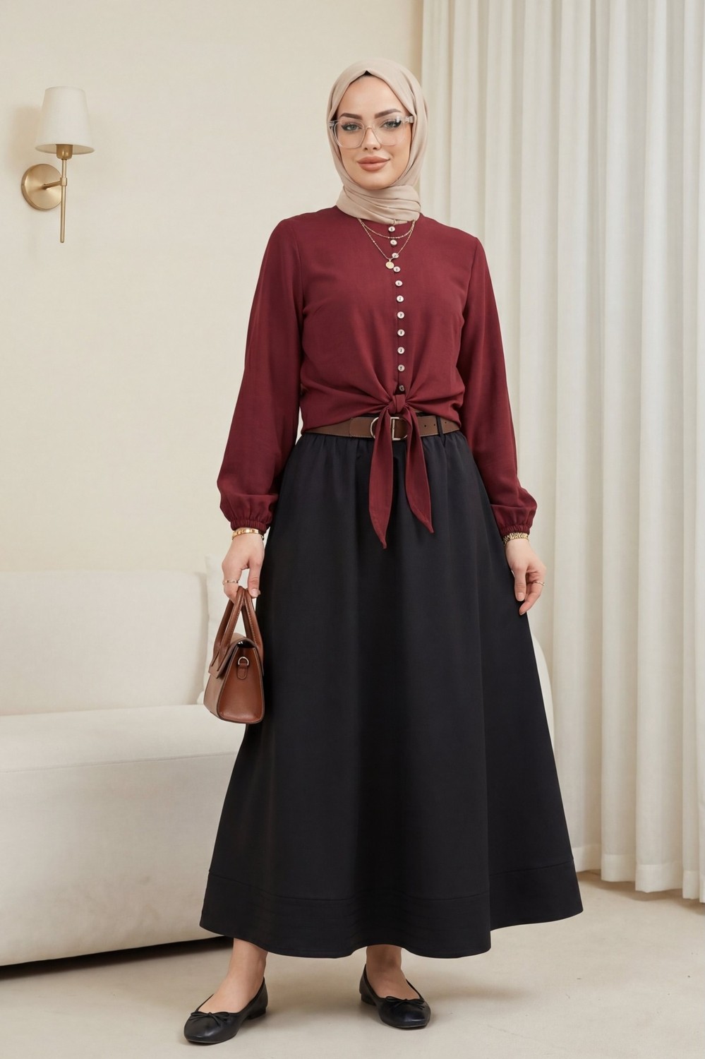 Moda Morfo Eteği Bağlamalı Beli Ve Kolu Lastikli Düğmeli Modal Gömlek -Bordo görsel 8