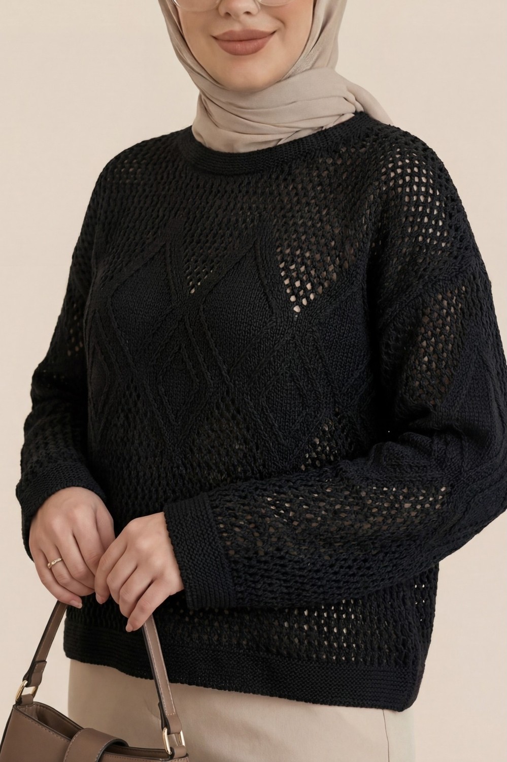 Moda Morfo Önü Ve Kolları Desenli Ajurlu Triko Kazak -Siyah görsel 8