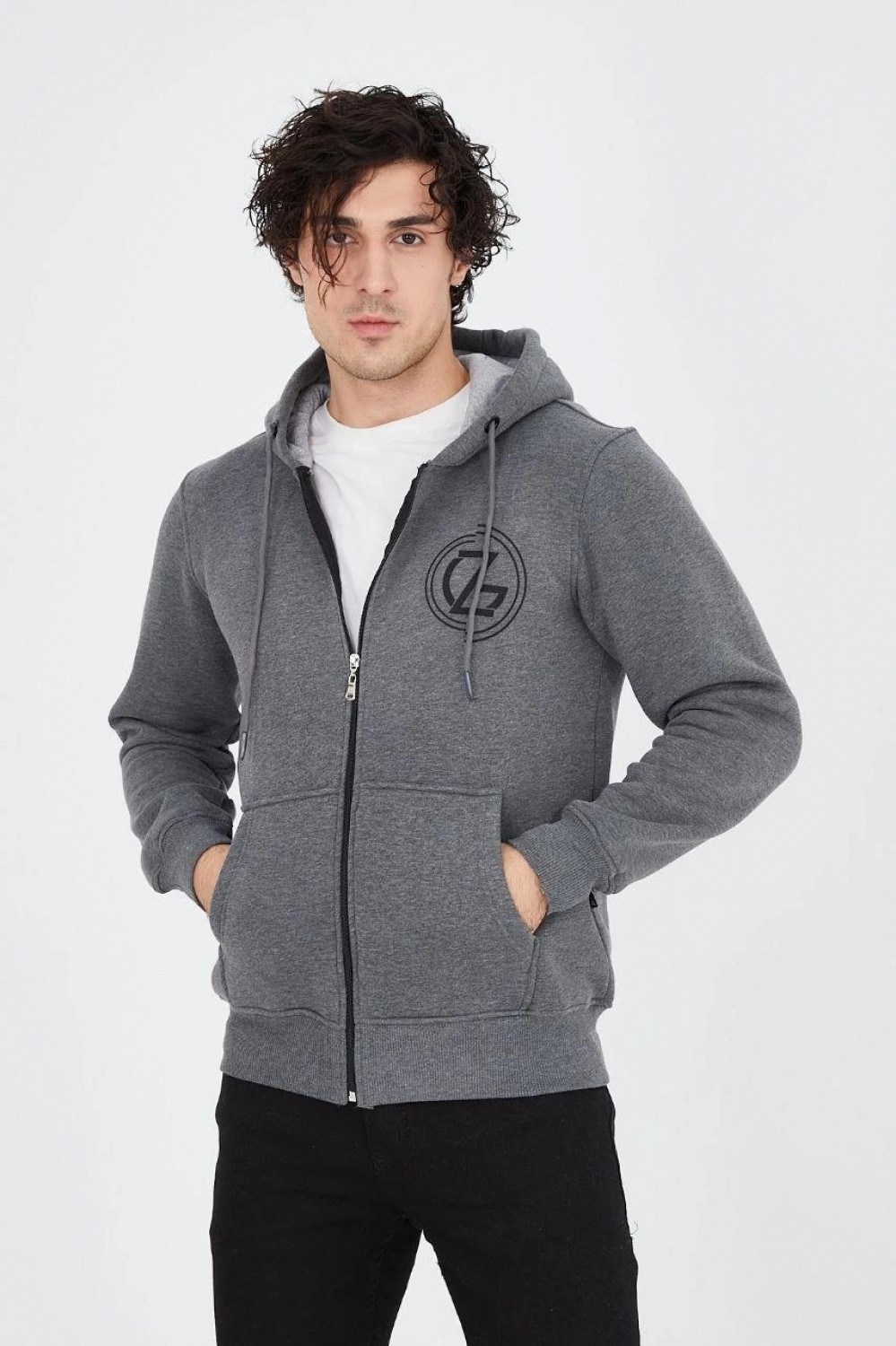 Marsilyan Erkek 3 Iplik Pamuklu Fermuarlı Kapüşonlu Kanguru Cepli Baskılı Hoodie Hırka Sweatshirt - Füme görsel 2