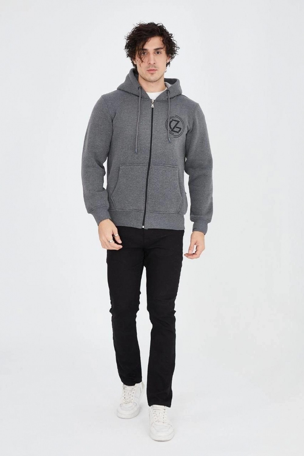 Marsilyan Erkek 3 Iplik Pamuklu Fermuarlı Kapüşonlu Kanguru Cepli Baskılı Hoodie Hırka Sweatshirt - Füme görsel 3