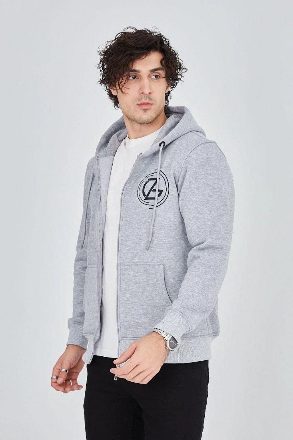 Marsilyan Erkek 3 Iplik Pamuklu Fermuarlı Kapüşonlu Kanguru Cepli Baskılı Hoodie Hırka Sweatshirt -Gri