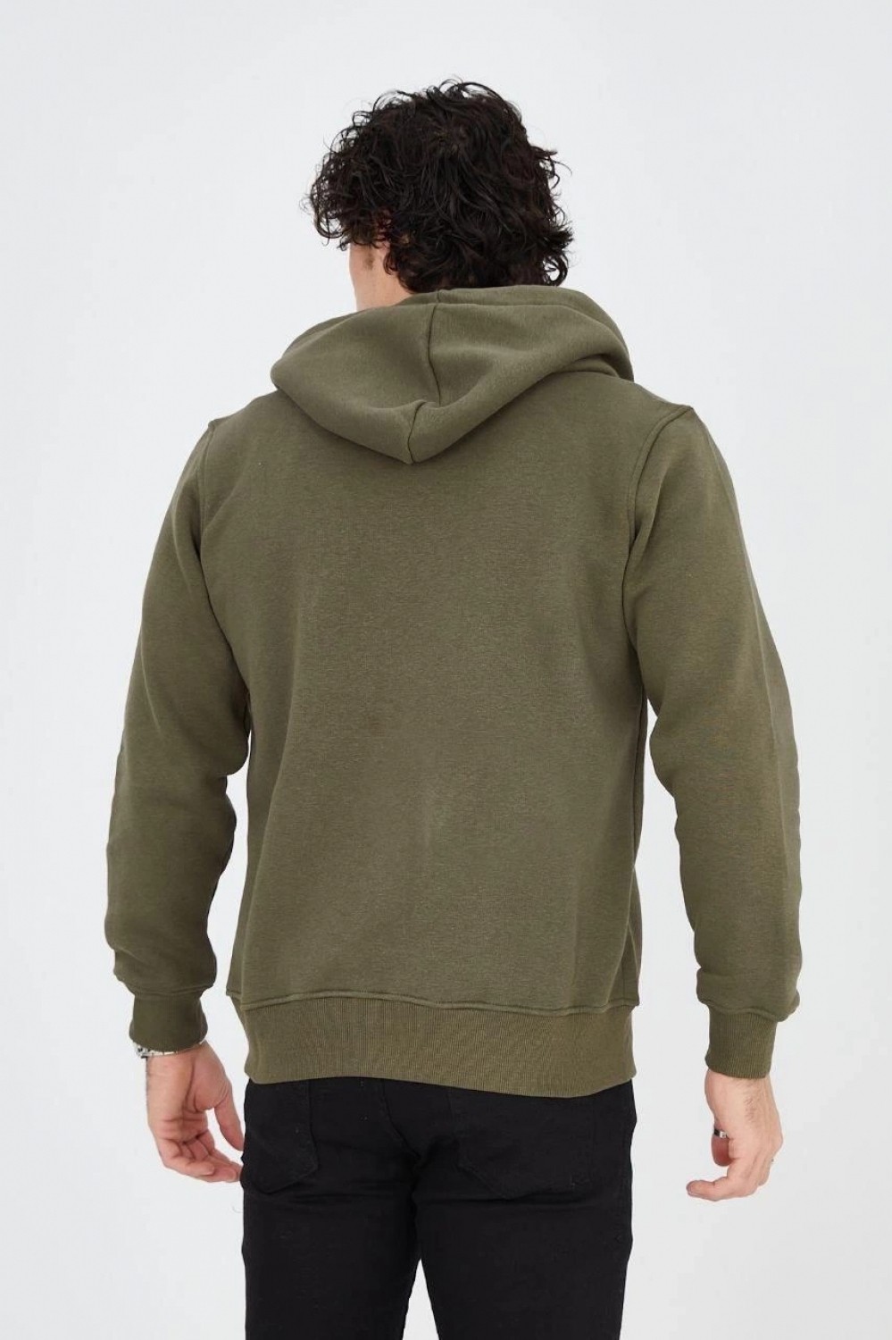 Marsilyan Erkek 3 Iplik Pamuklu Fermuarlı Kapüşonlu Kanguru Cepli Baskılı Hoodie Hırka Sweatshirt - Yeşil görsel 2