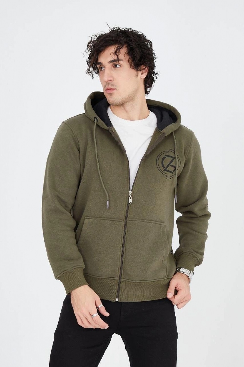 Marsilyan Erkek 3 Iplik Pamuklu Fermuarlı Kapüşonlu Kanguru Cepli Baskılı Hoodie Hırka Sweatshirt - Yeşil görsel 3