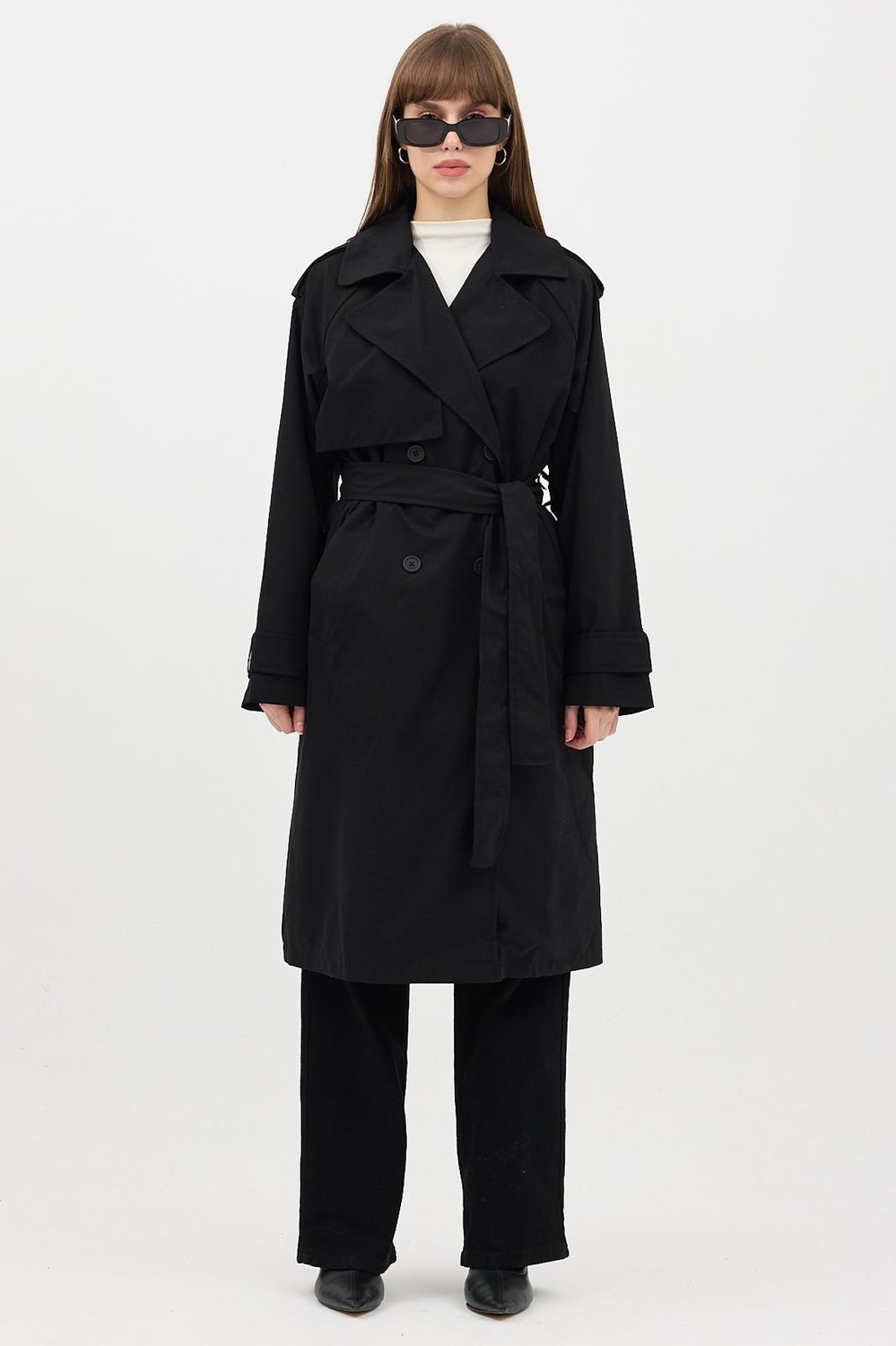 Ressho Kadın Kemerli Uzun Trençkot, Su Geçirmez, Astarlı, Oversize Model