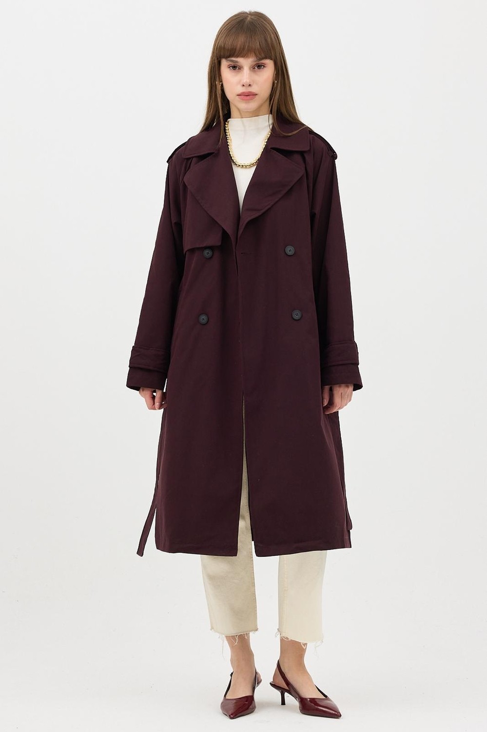 Ressho Kadın Kemerli Uzun Trençkot, Su Geçirmez, Astarlı, Oversize Model